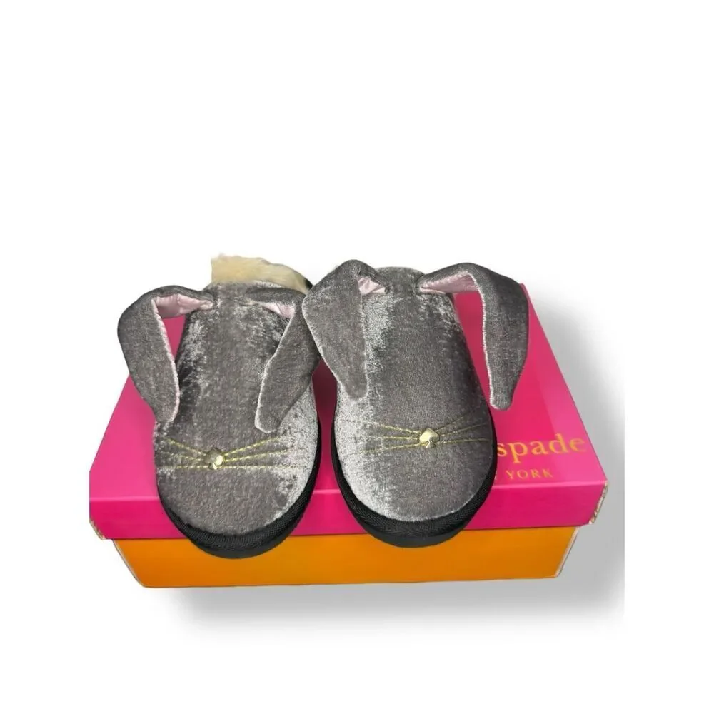 Kate Spade New York Bonnie‎ Bunny Slippers Grey Velvet Women’s 6 NEW Rare